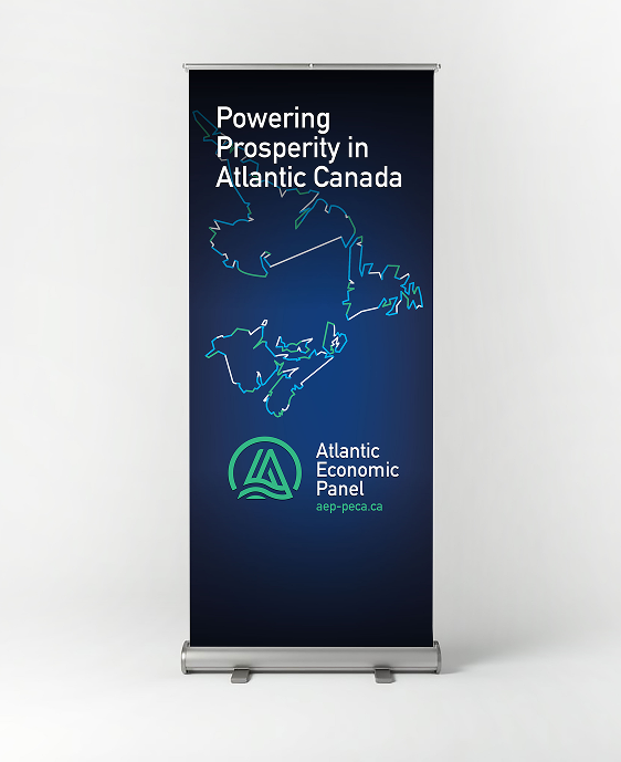 A pullup sign reading Powering Prosperity in Atlantic Canada. The background of the pullup is a map of Nova Scotia.